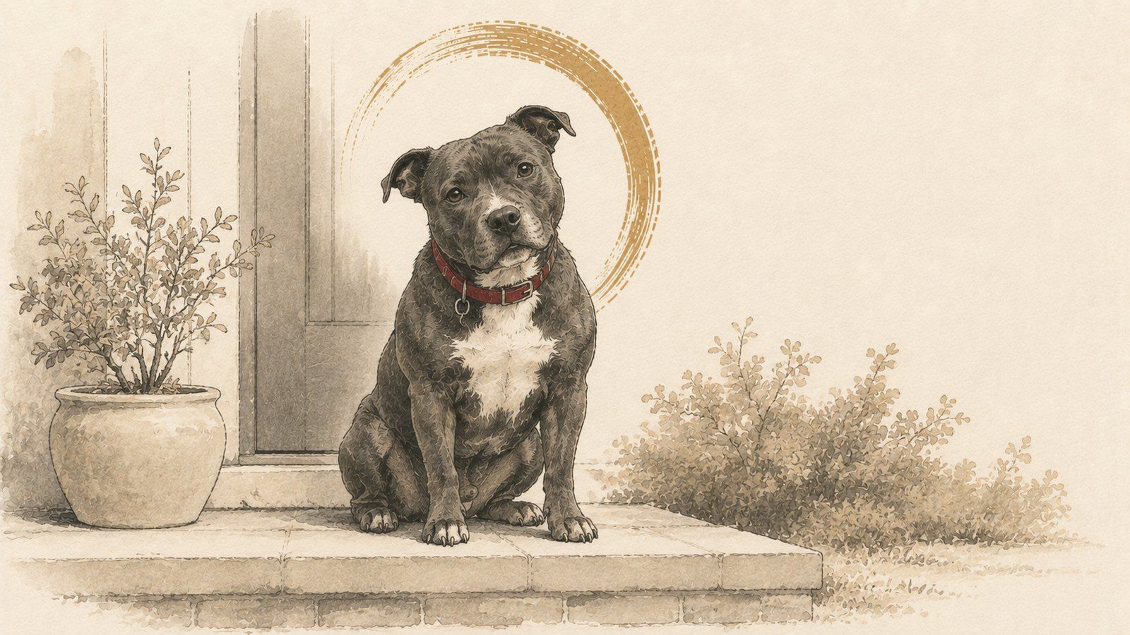 Ink and wash illustration of a Staffordshire bull terrier sitting calmly on a doorstep