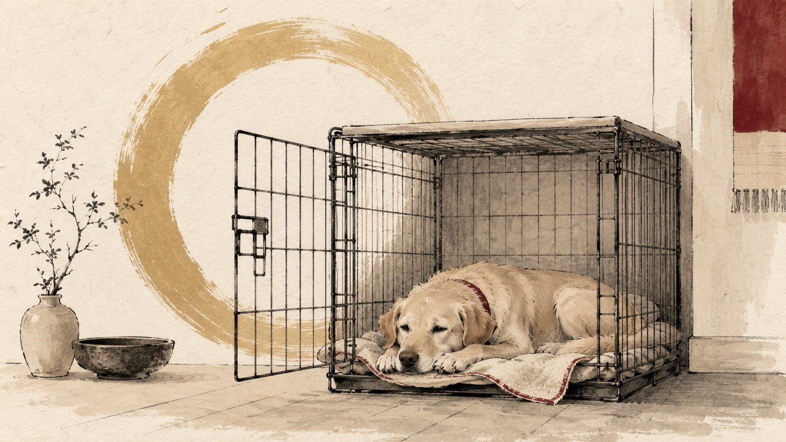 Ink and wash illustration of a dog resting in an open crate, door wide