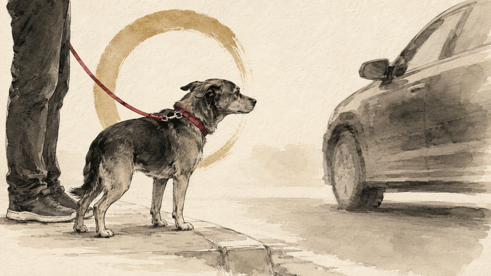 Ink and wash illustration of a dog on lead frozen at the kerb as a car passes