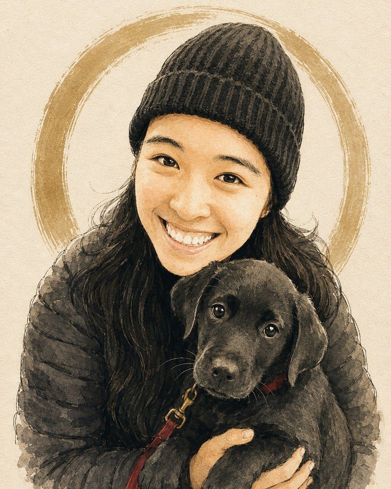Diona Chu, founder of The Hachi Way, holding her black Labrador Murphy as a puppy, ink and wash portrait