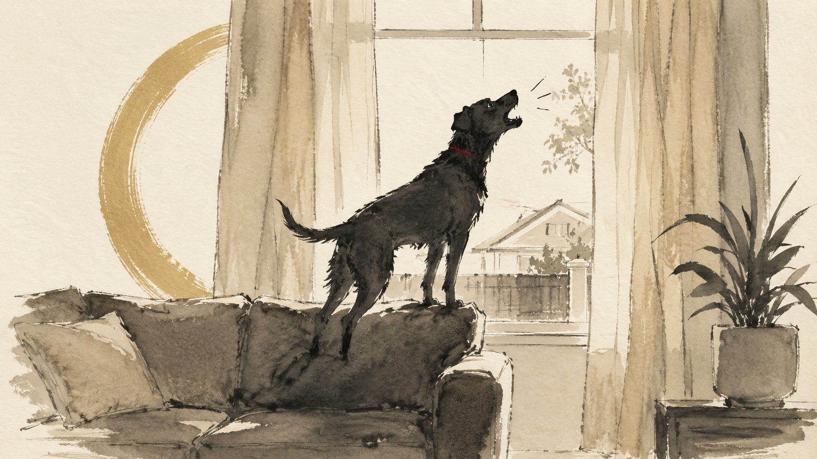 Ink and wash illustration of a dog on a sofa barking at the front window
