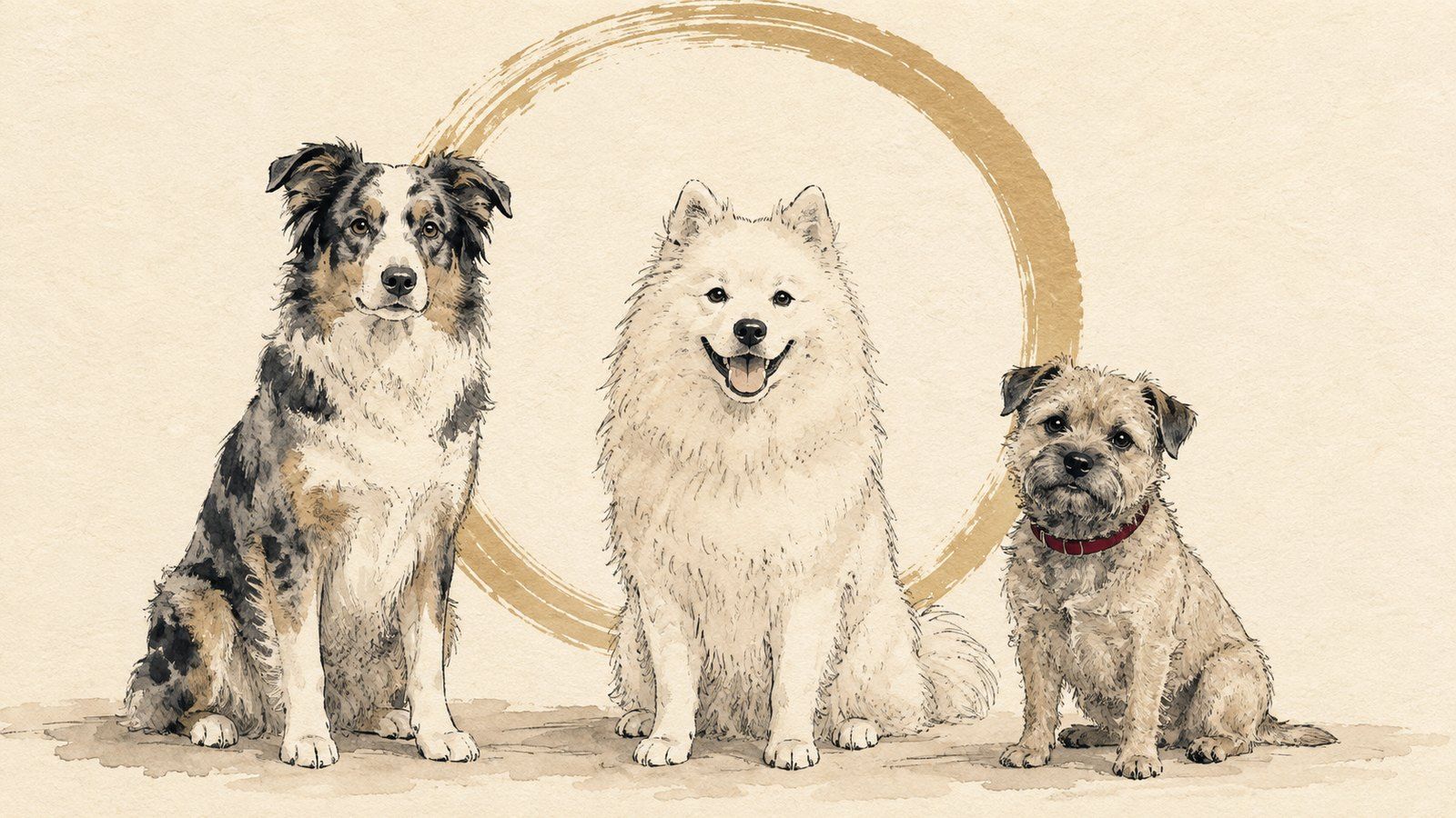 Ink and wash illustration of three different dogs sitting in a row