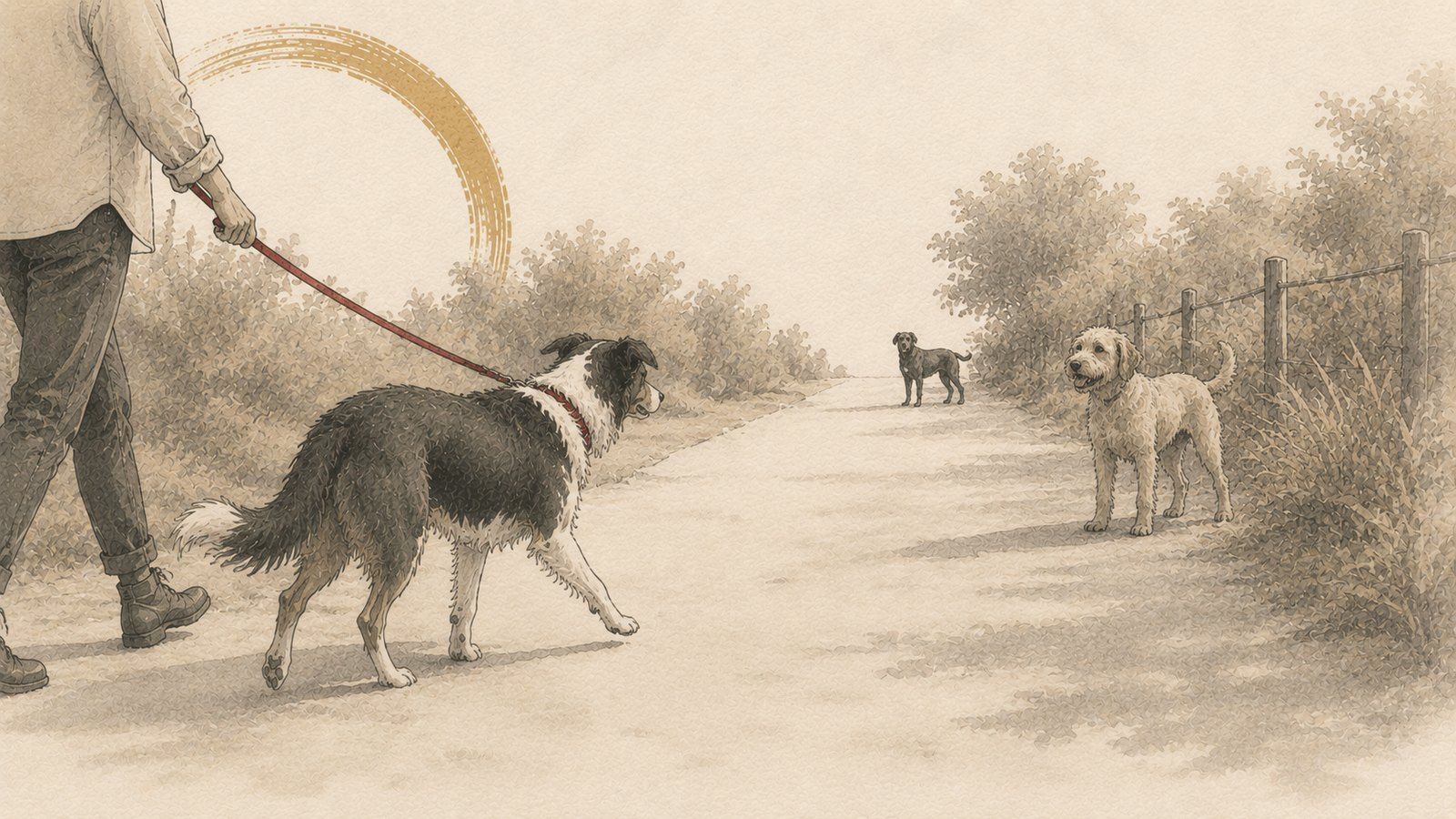 Ink and wash illustration of a dog on lead passing one dog calmly while a second appears up the path