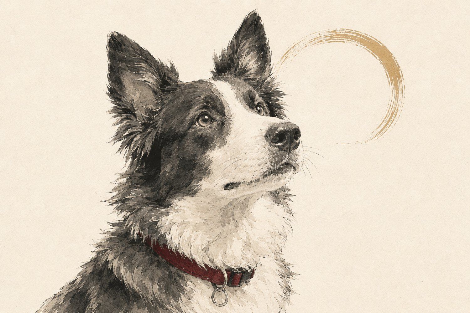 A dog with ears forward and a focused expression, reading something in the distance
