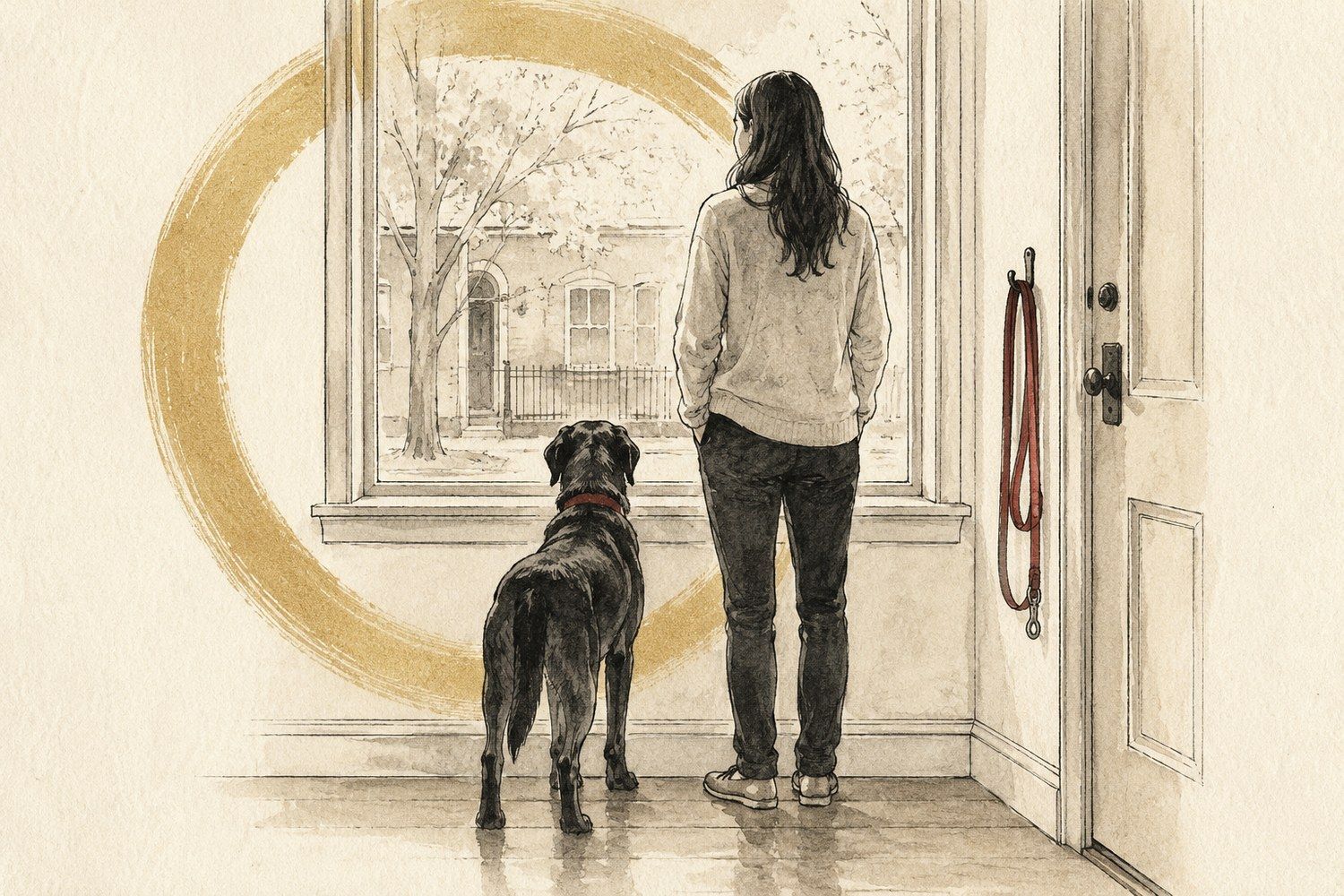 Ink and wash illustration of a person and their dog standing at a window, both looking out at the street