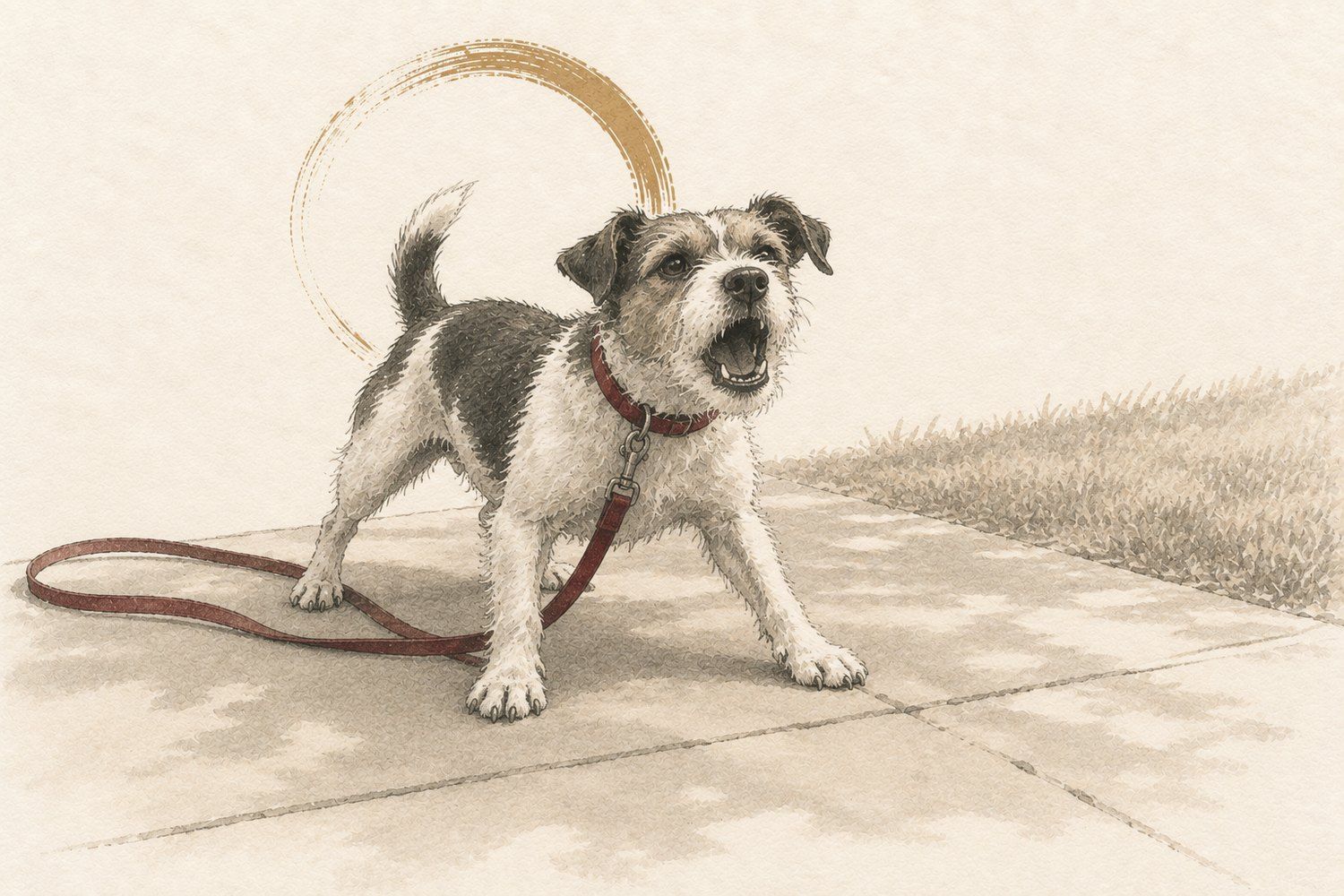 Ink and wash illustration of a small terrier barking hard on a footpath