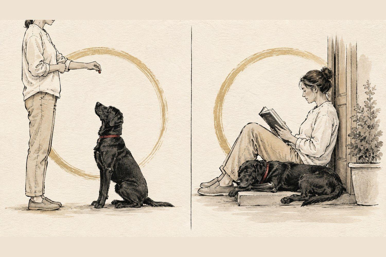 Ink and wash illustration of a dog sitting for a treat beside the same dog resting against a reading owner