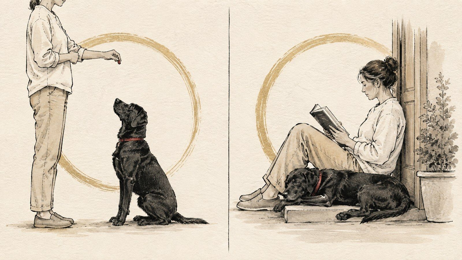 Ink and wash illustration in two halves: a dog sitting stiffly for a treat, and the same dog lying against its owner while they read