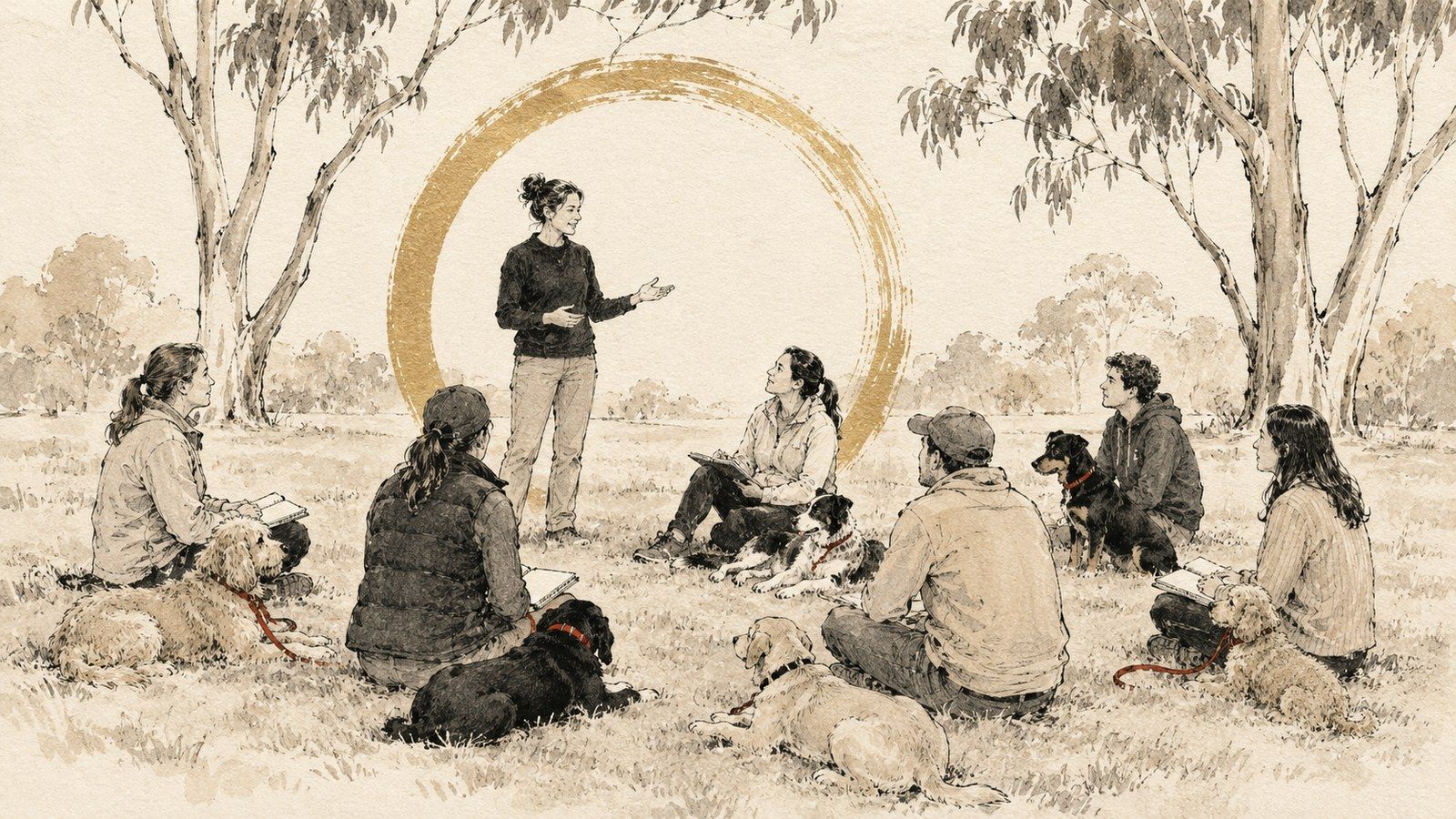 Ink and wash illustration of six trainers sitting in a circle on the grass with their dogs, one standing and teaching