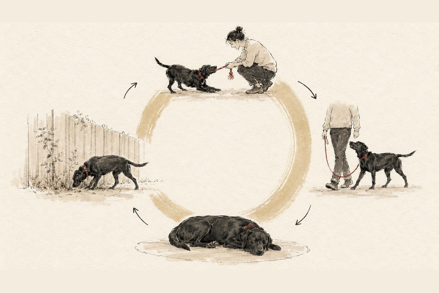 Ink and wash illustration of one dog's day as a cycle: play, loose-lead walking, sleep, exploring