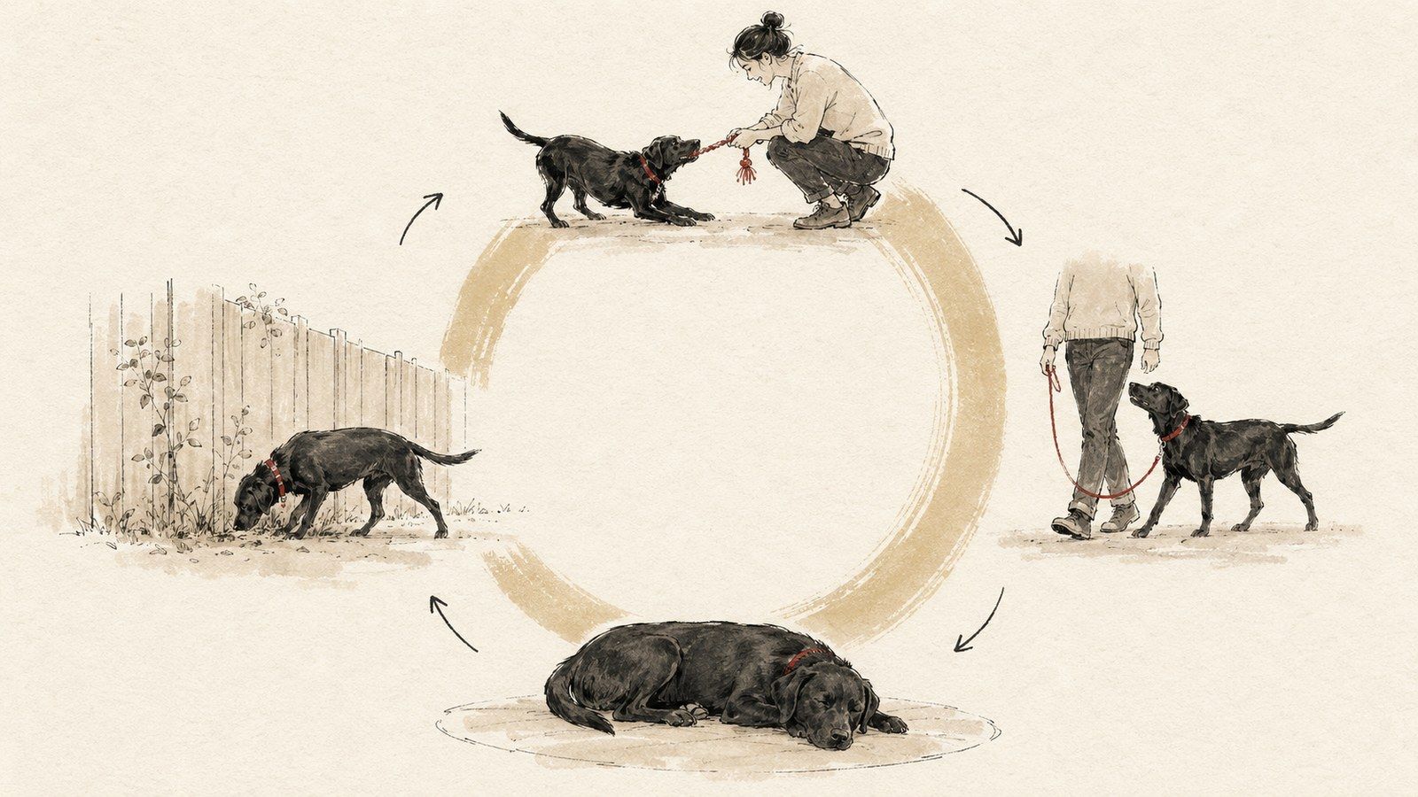 Ink and wash illustration of a black Labrador drawn four times around a circle: playing with a person, walking on a loose lead at their knee, asleep, and sniffing along a fence