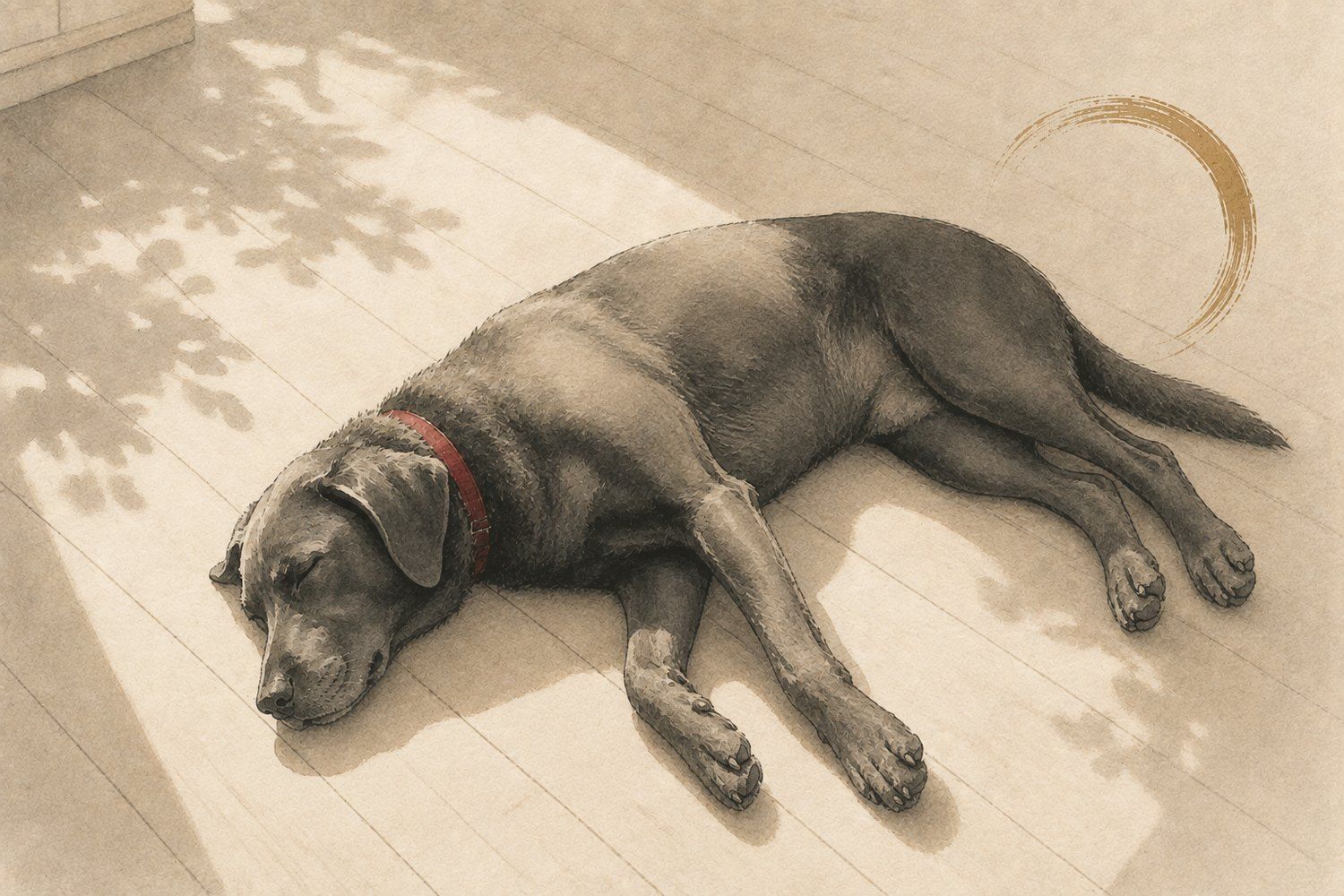 A dog resting calmly on the grass