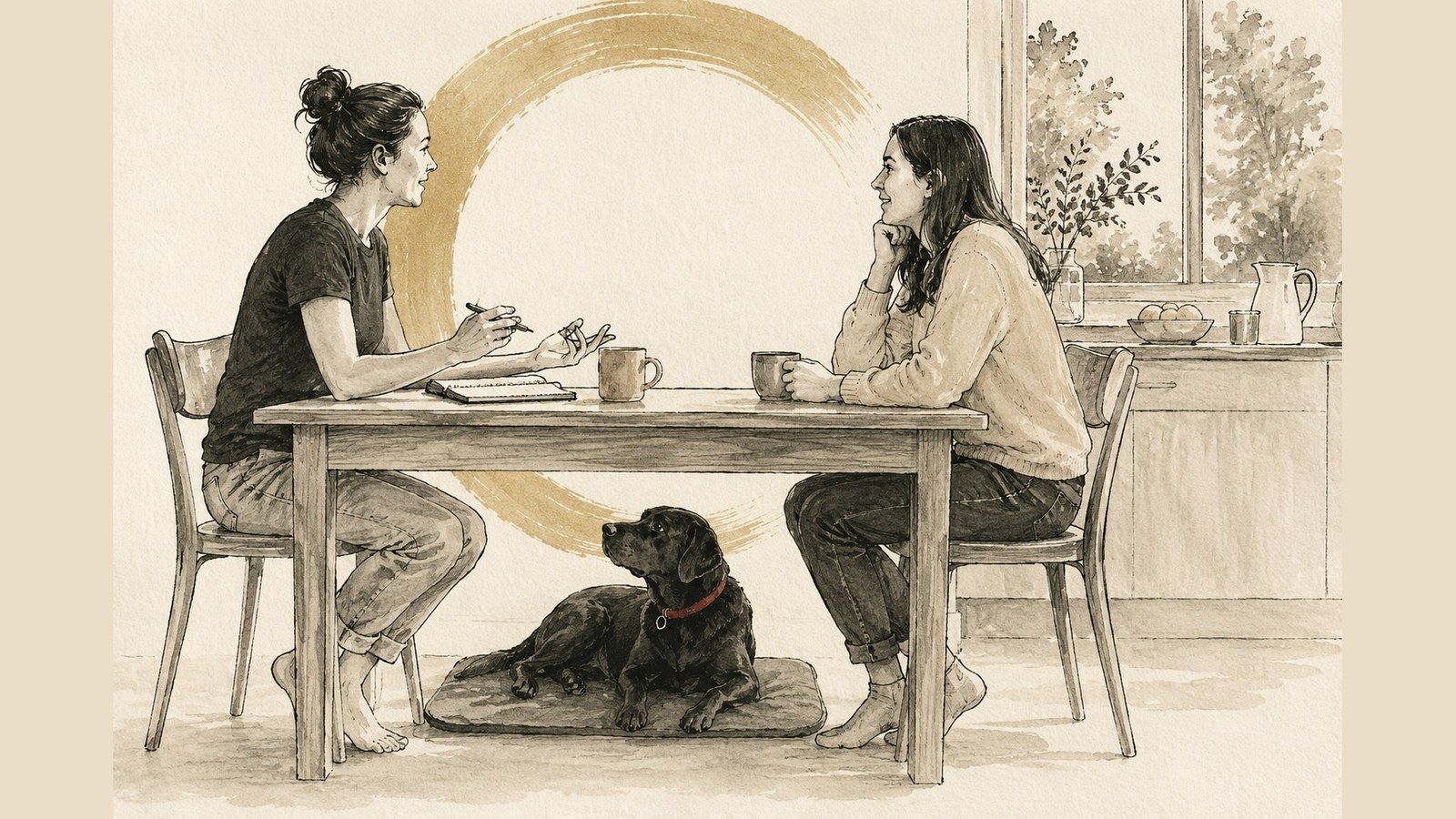 Ink and wash illustration of a trainer and an owner at a kitchen table, the dog lying on a mat underneath