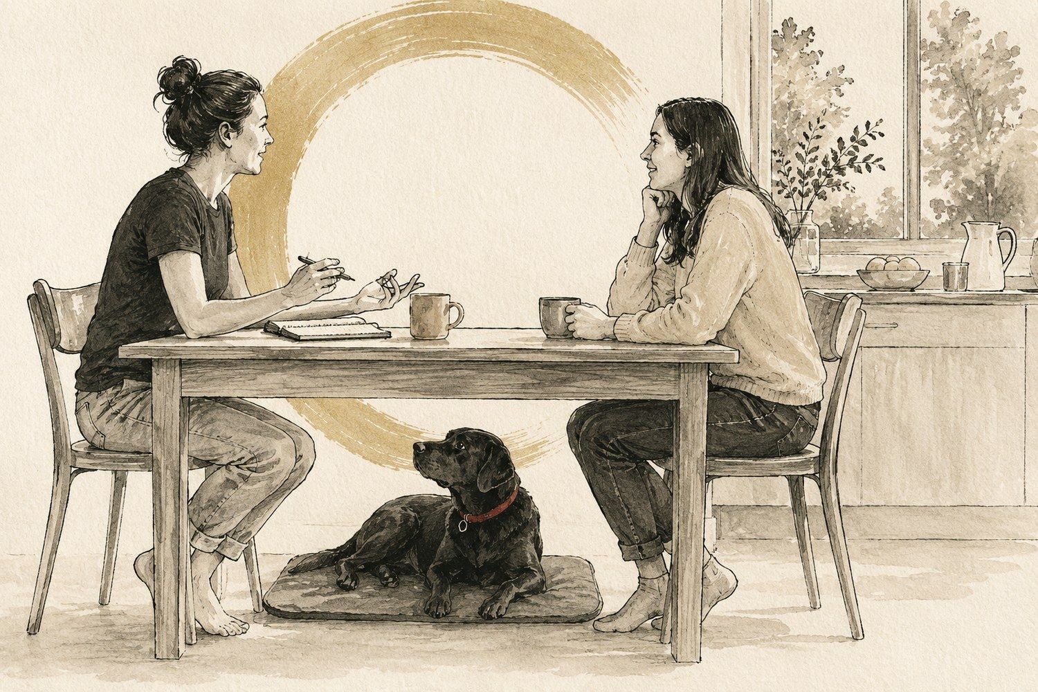 Ink and wash illustration of a first consultation at a kitchen table