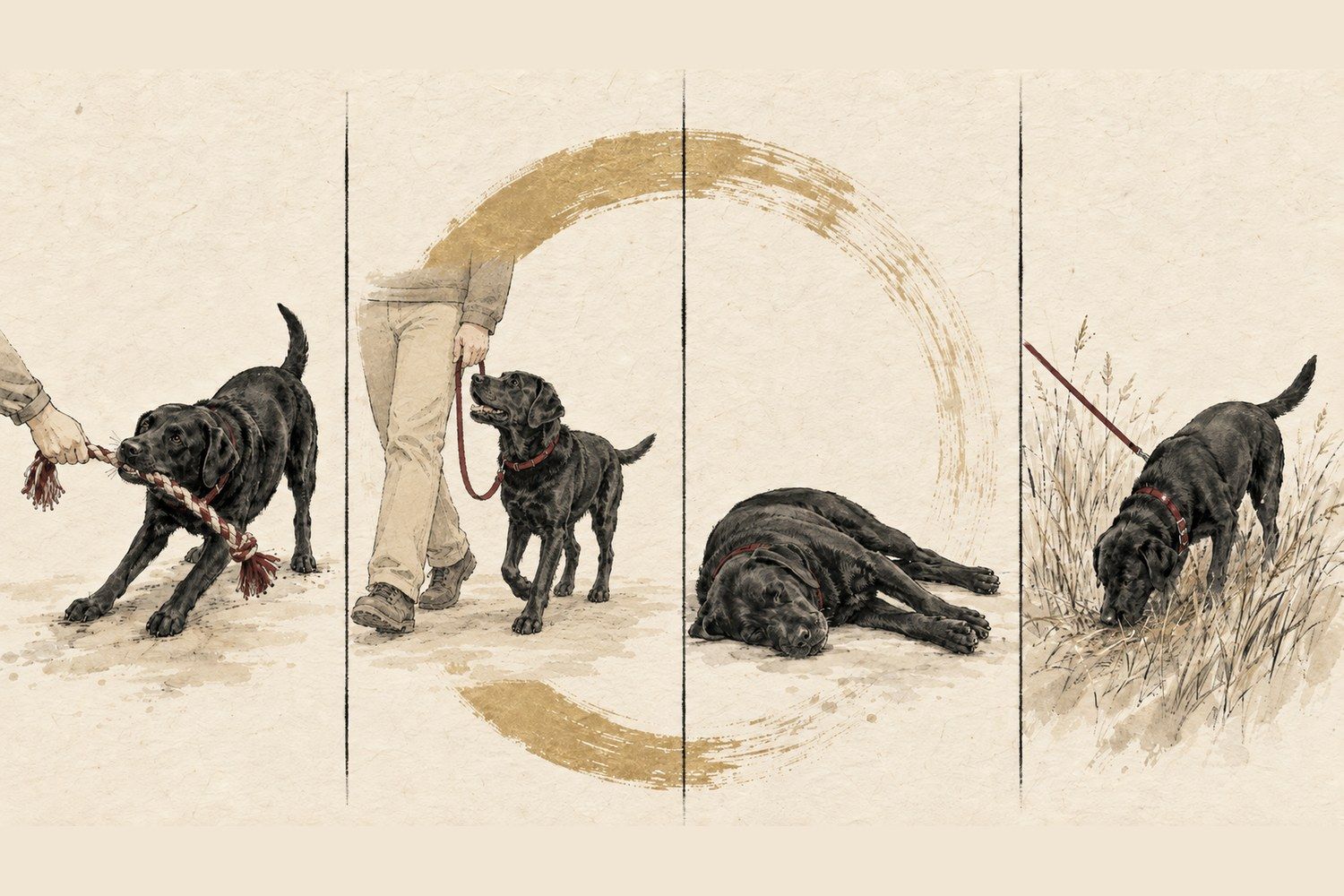 Ink and wash illustration of one dog in the four PACE modes