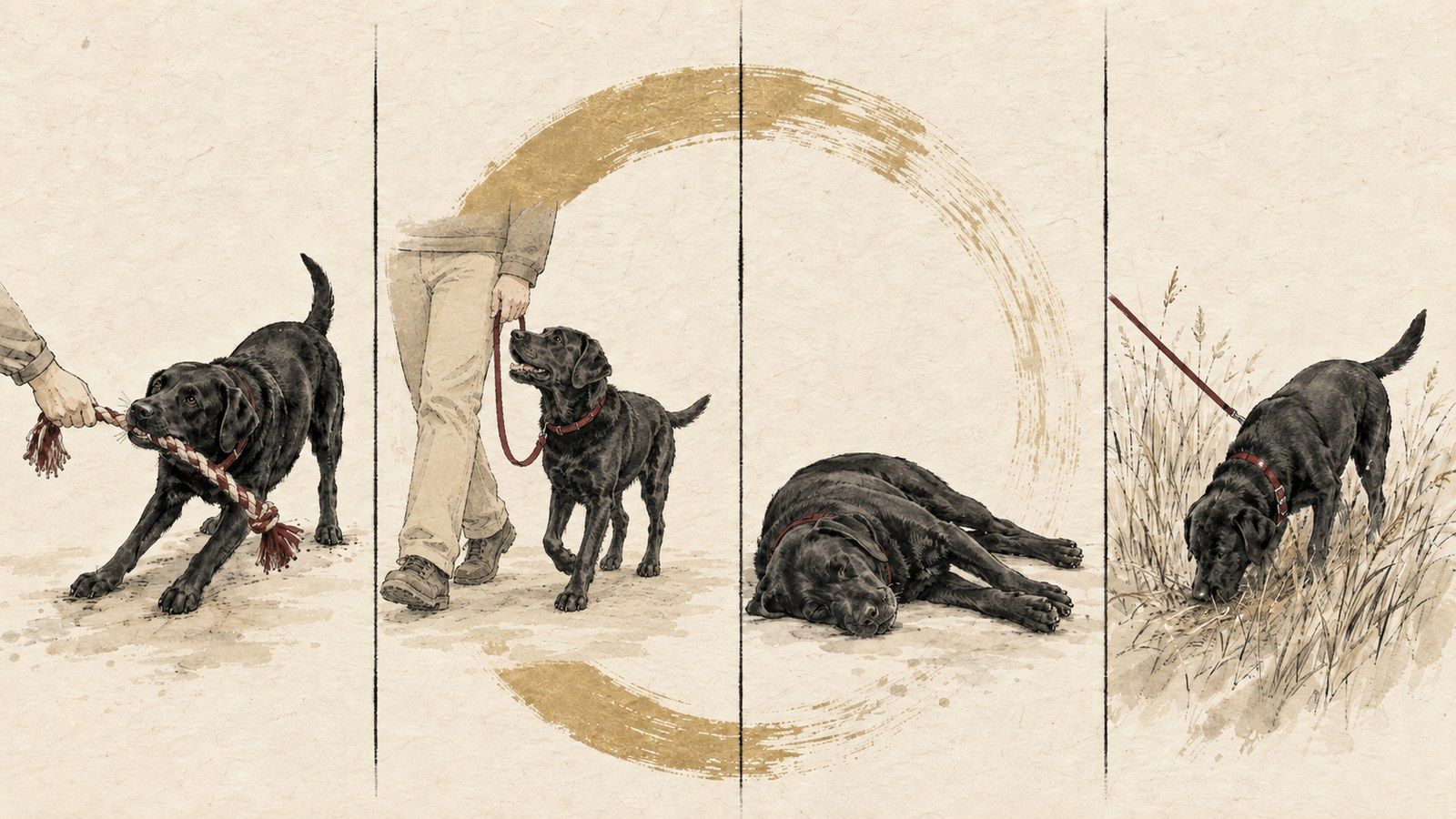 Ink and wash illustration of one black Labrador in the four PACE modes: tugging a rope in PLAY, walking on a loose lead beside the handler in ANCHOR, asleep in CALM, and nose down in long grass in EXPLORE