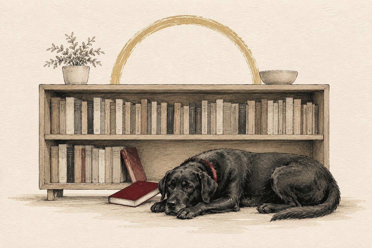Ink and wash illustration of a dog lying in front of a low bookshelf, one book pulled out onto the floor
