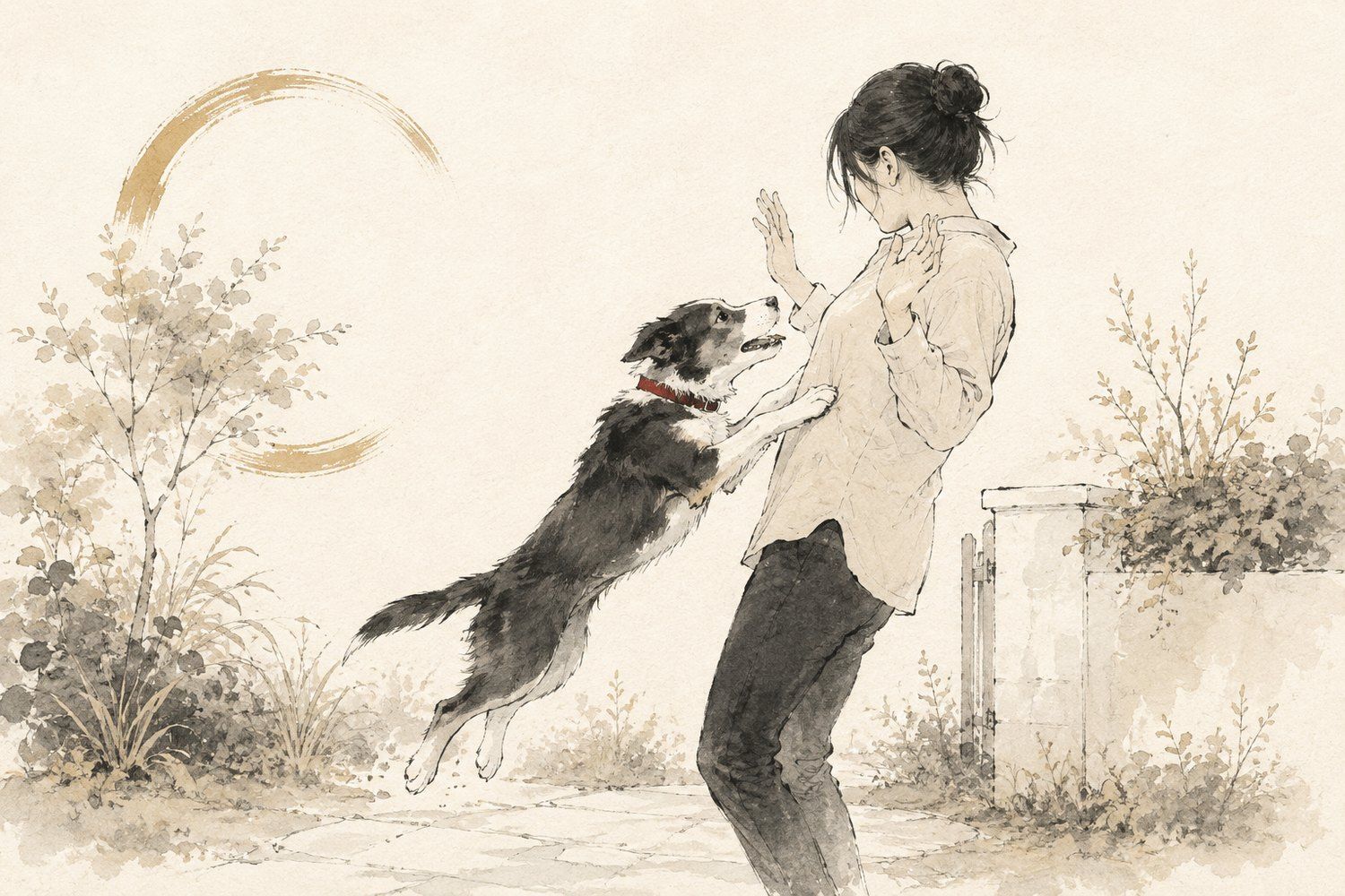 Ink and wash illustration of a young dog jumping up at a person in a front garden