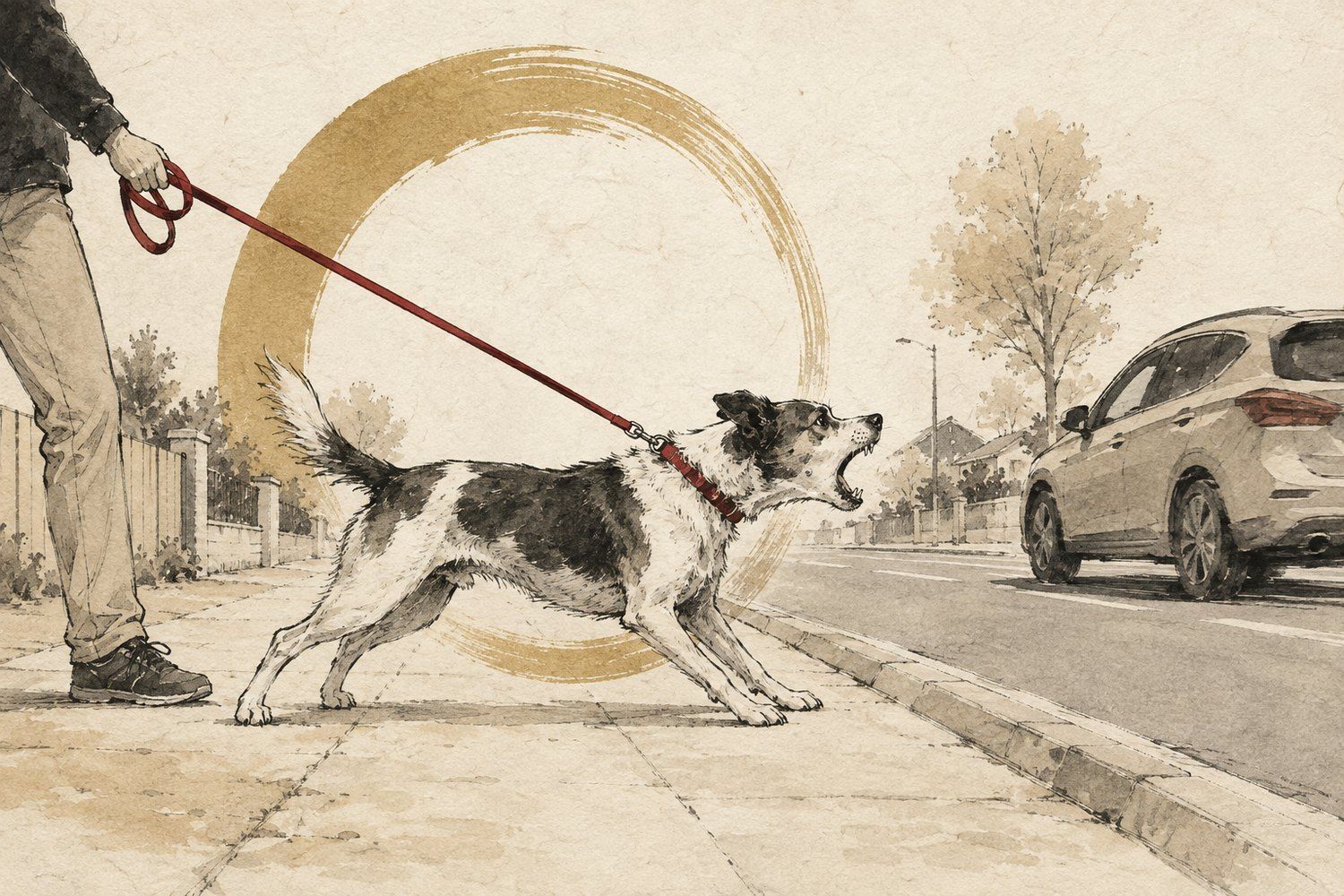 Ink and wash illustration of a dog on a tight lead lunging and barking at a passing car