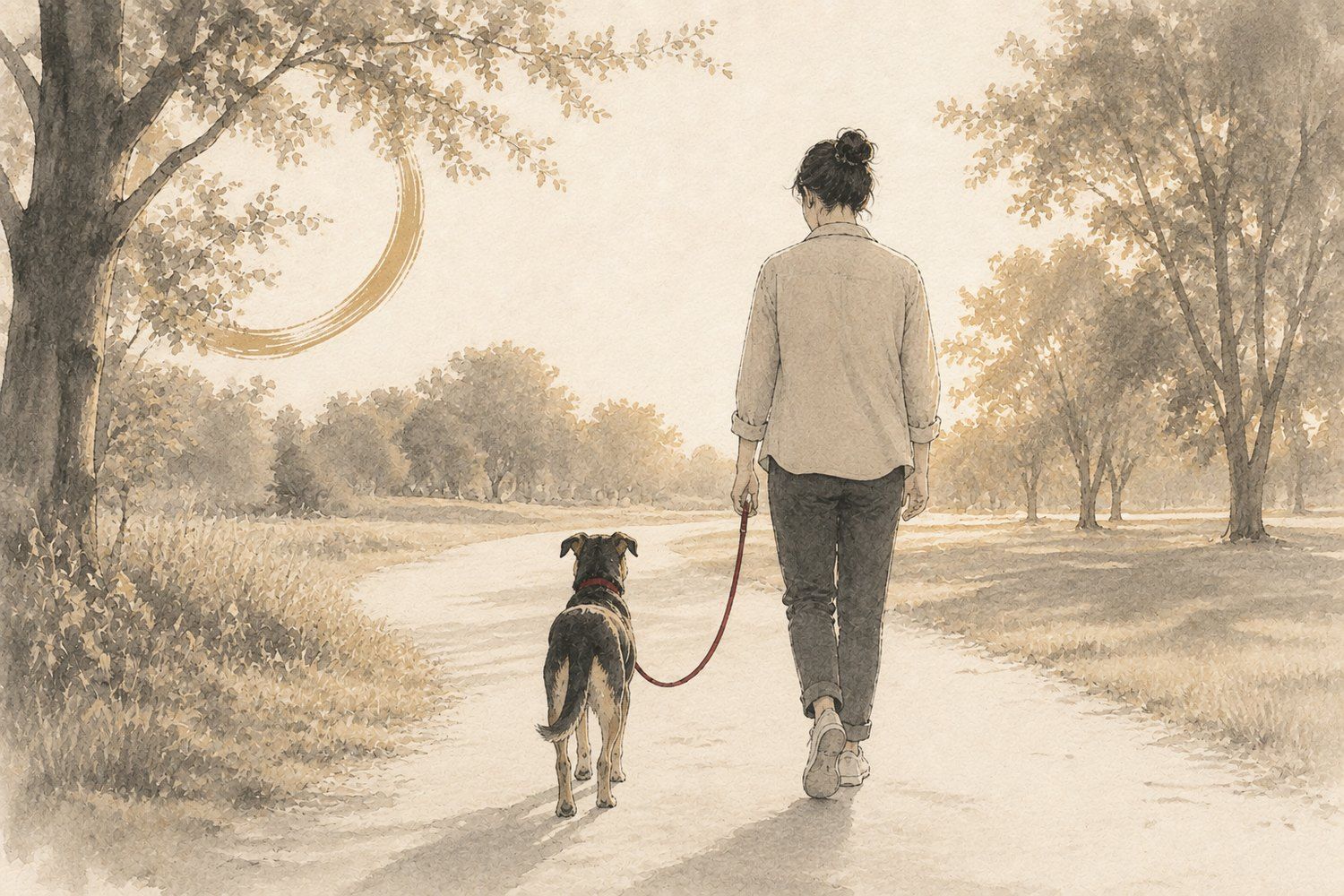 A dog walking calmly on a loose lead beside its owner
