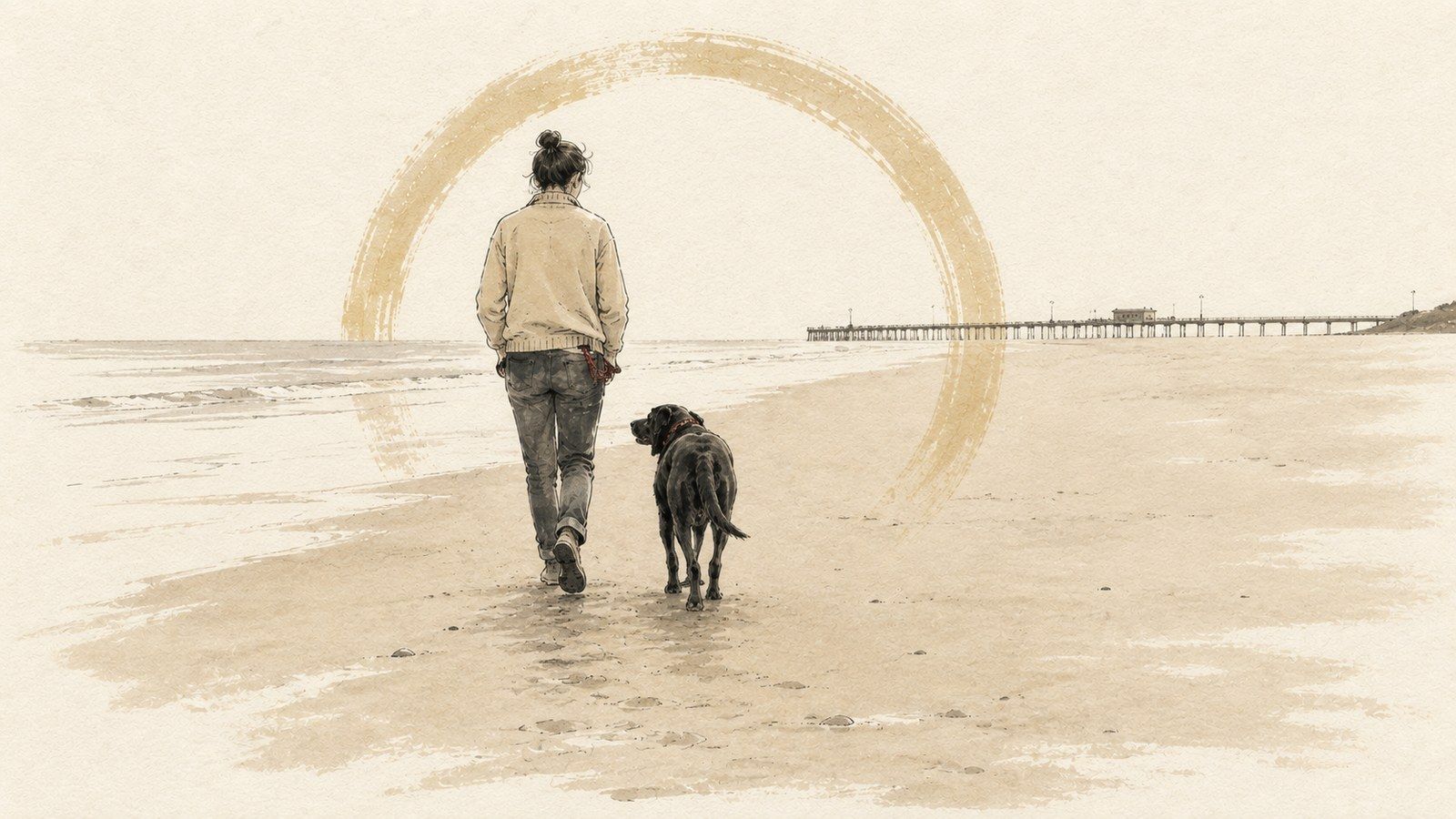 Ink and wash illustration of a person and a dog walking away along an empty beach at low tide, the dog off lead beside them