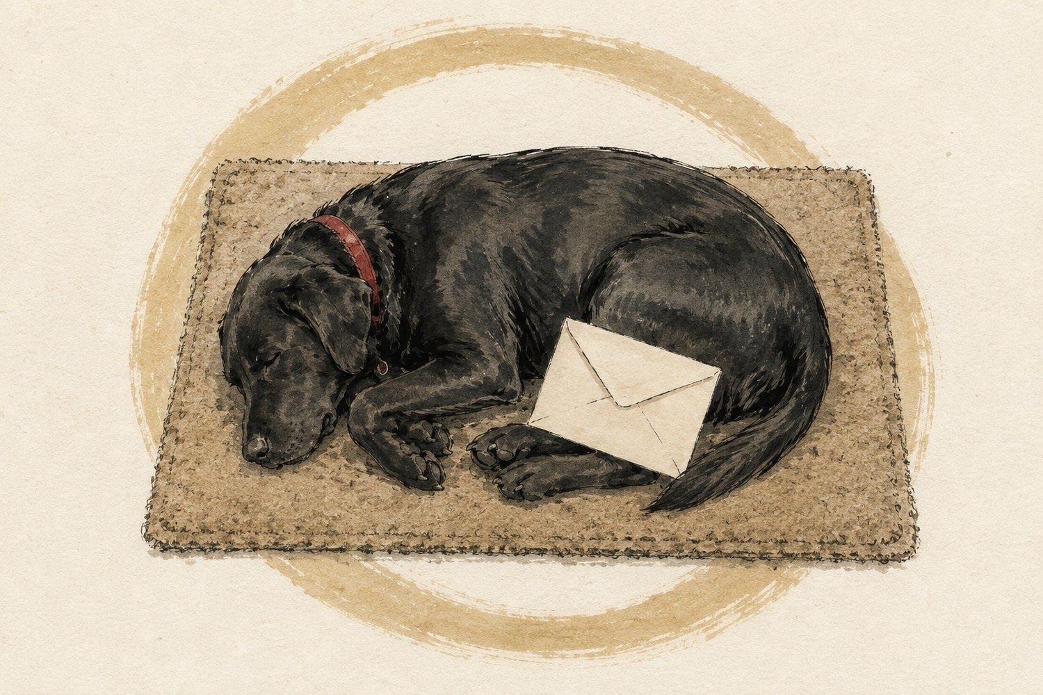 Ink and wash illustration of a dog asleep on a doormat with a single envelope resting against it