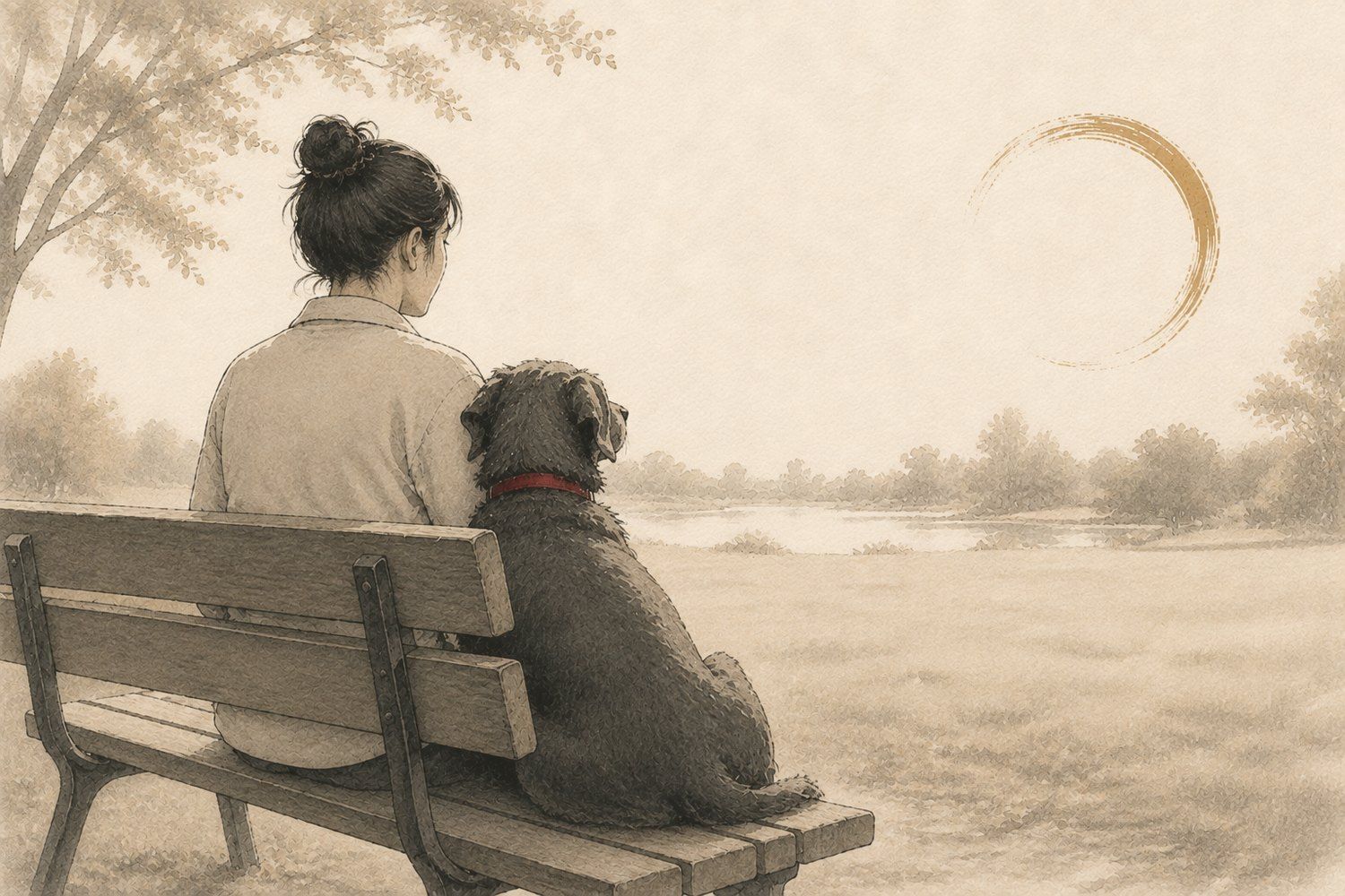 An owner holding their dog close on a park bench, a quiet bonded moment