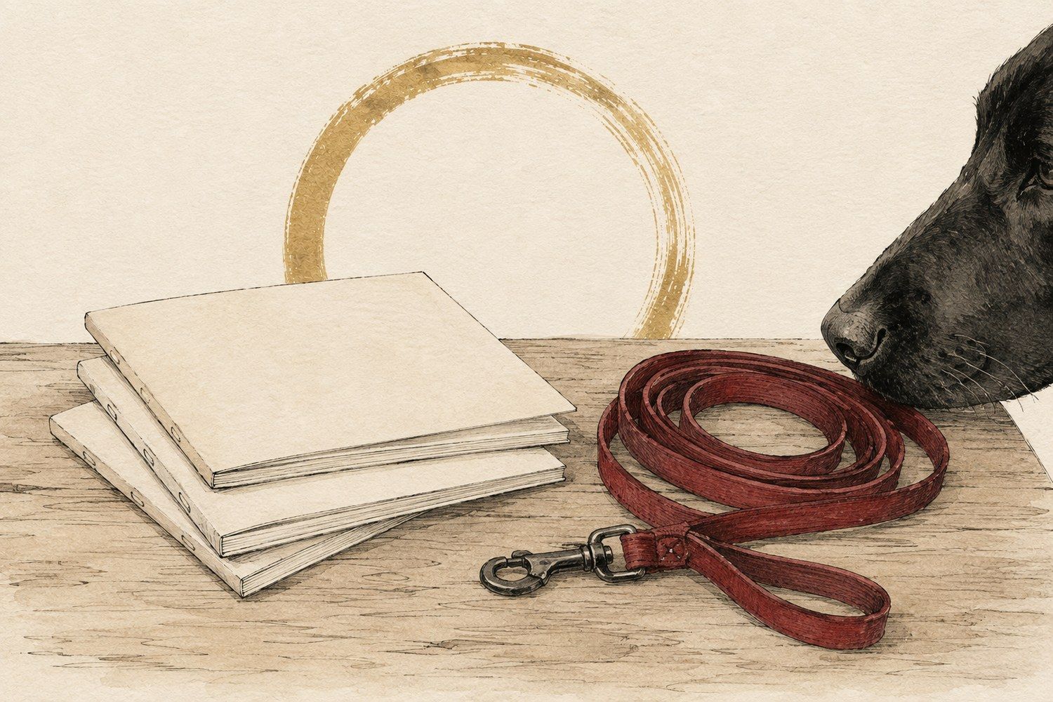 Ink and wash illustration of three cream booklets and a coiled crimson lead on a table, a dog nosing in from the side