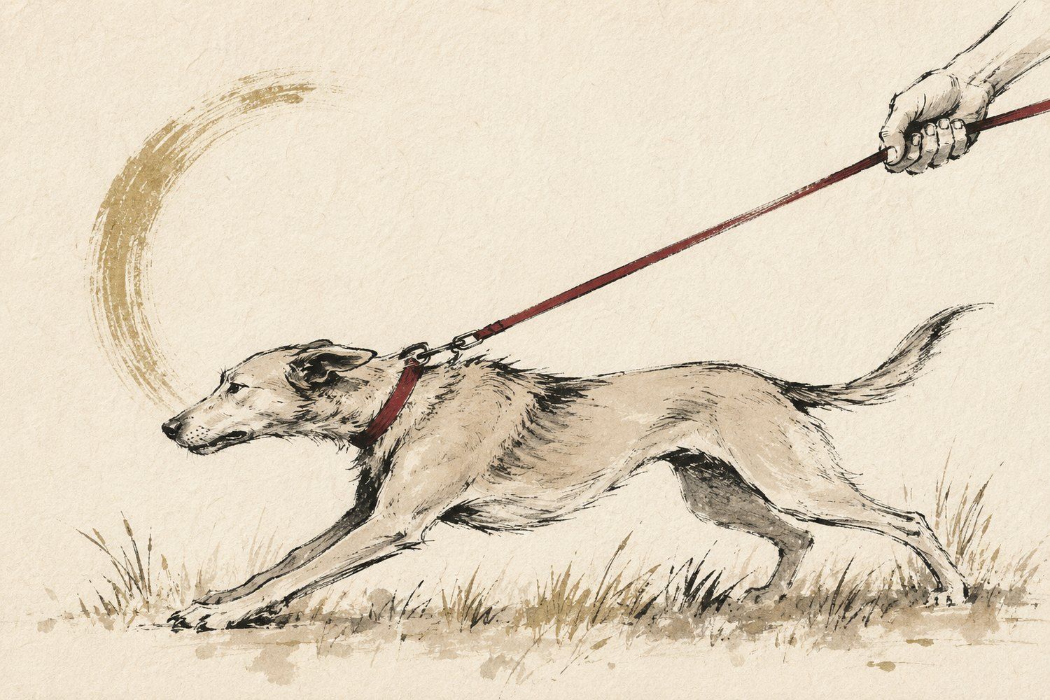 Ink and wash illustration of a dog straining forward against a taut lead