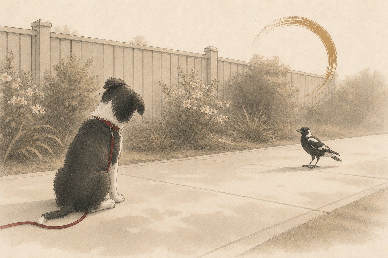 A puppy sitting quietly, watching a magpie on the street from a distance