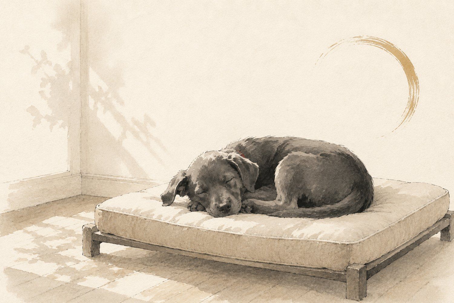 A relaxed dog lying down with loose muscle tone and a soft expression
