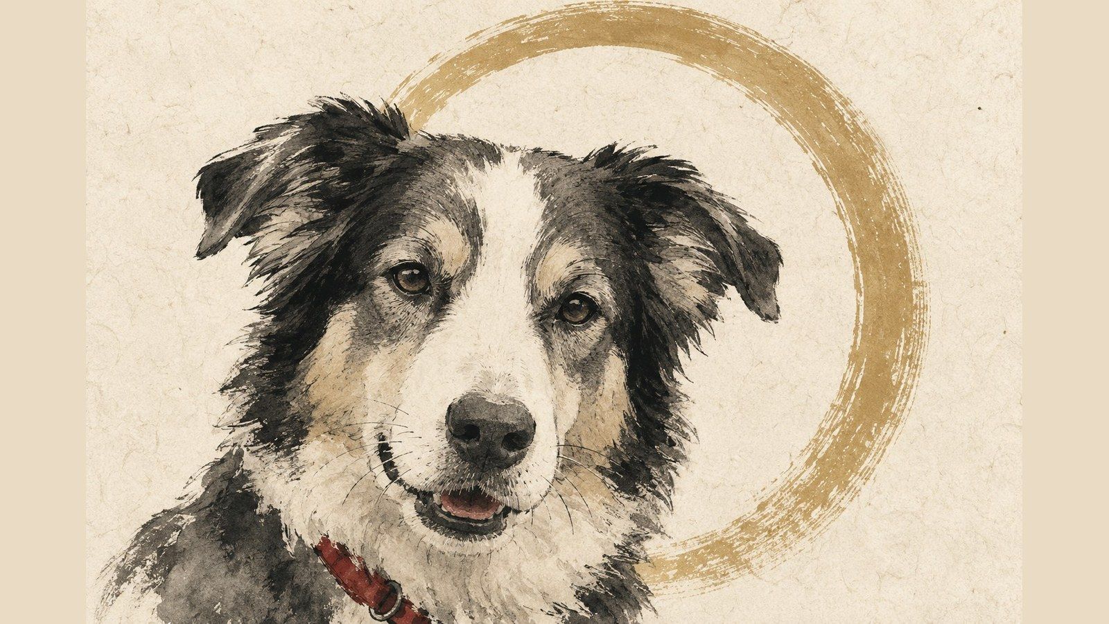 Ink and wash illustration of a dog making soft, relaxed eye contact with the viewer