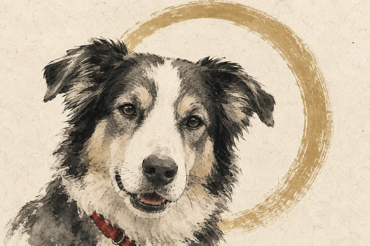 Ink and wash illustration of a dog making soft eye contact