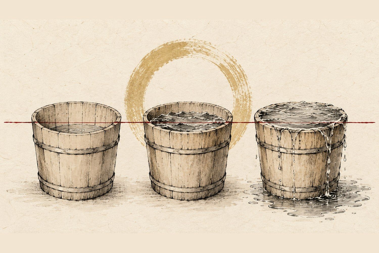 Ink and wash illustration of three buckets showing the waterline: still, choppy, and spilling over