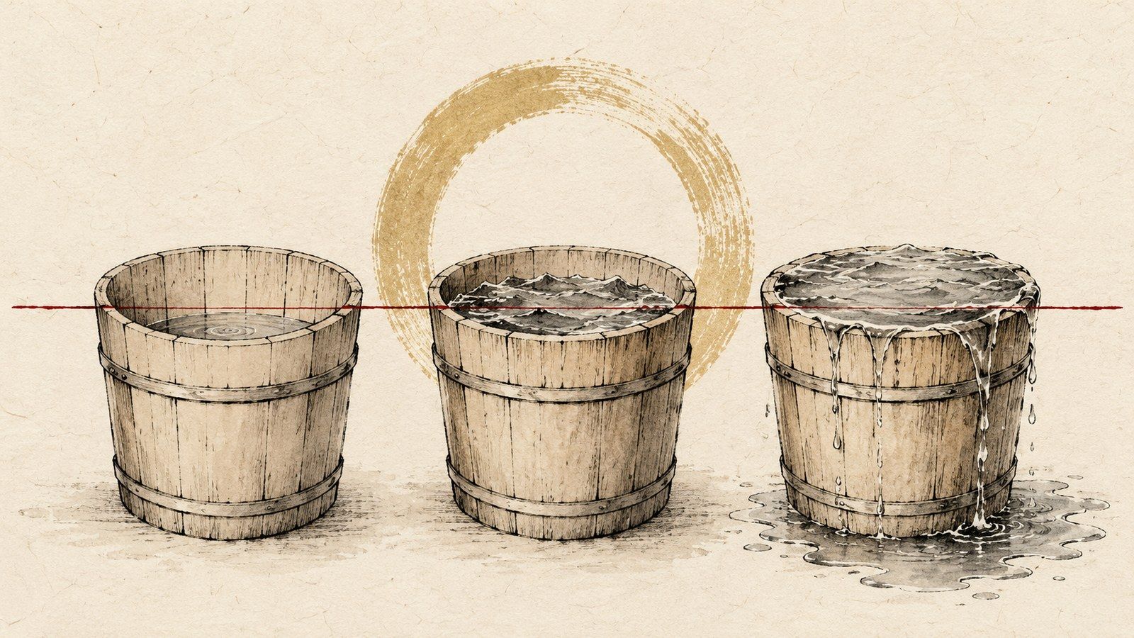 Ink and wash illustration of three wooden buckets: still water sitting low, choppy water two thirds up, and water breaking over the rim, with a crimson threshold line across all three
