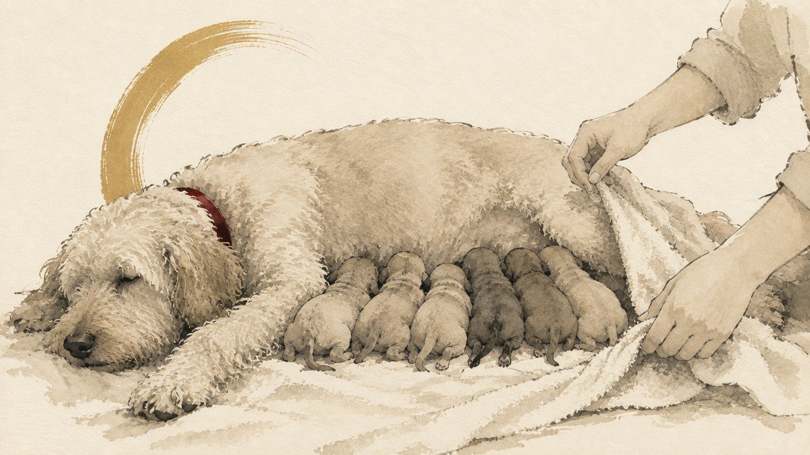 Ink and wash illustration of newborn puppies asleep against their mother as a breeder adjusts a towel