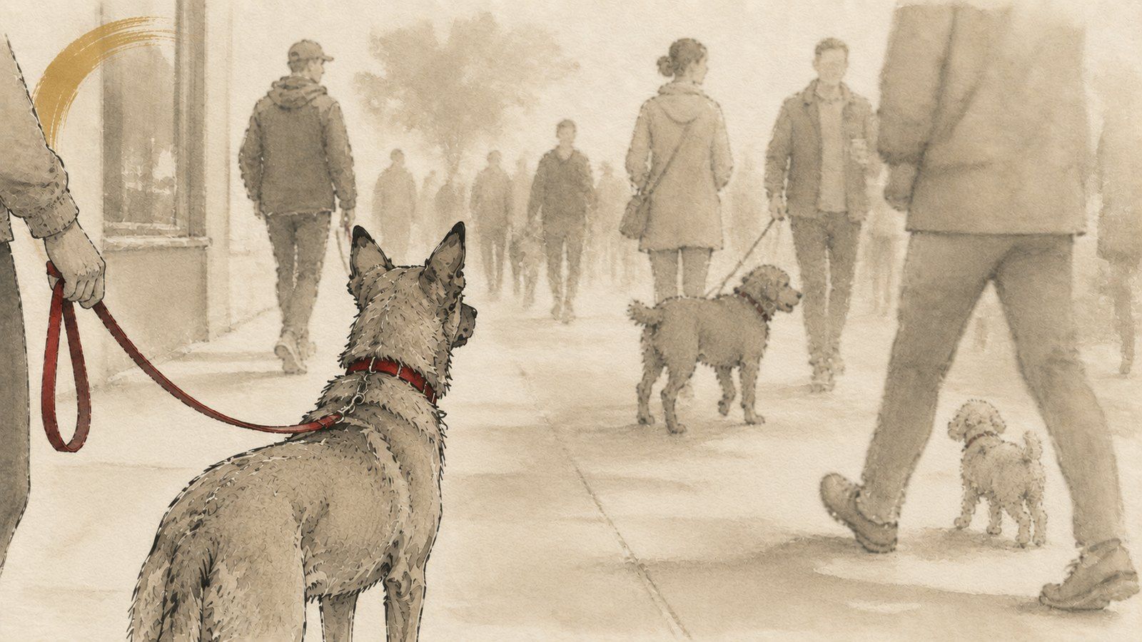 Ink and wash illustration of a dog on lead scanning a busy footpath of soft ink figures