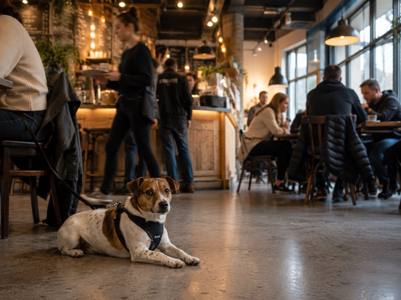 Adult dog lying settled under a cafe table, the end goal of puppy raising